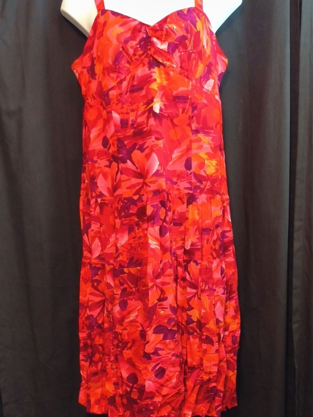 Studio 1940 Red Orange and Pink Floral Tiered Midi Dress #0112